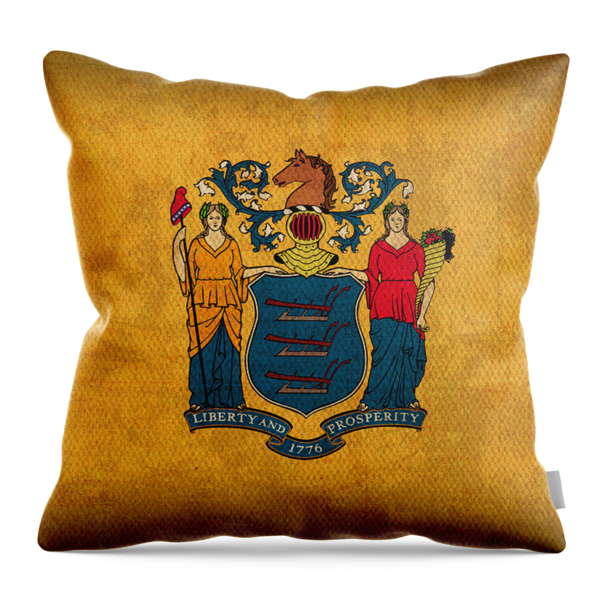 New Jersey State Flag Art On Worn Canvas Hoboken Pasaic Trenton Elizabeth City Patterson Throw Pillow featuring the mixed media New Jersey State Flag Art on Worn Canvas by Design Turnpike