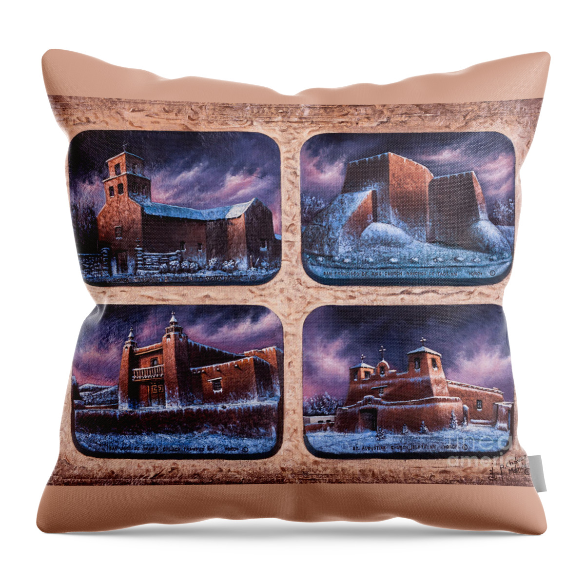 Churches Throw Pillow featuring the mixed media New Mexico Churches in Snow by Ricardo Chavez-Mendez