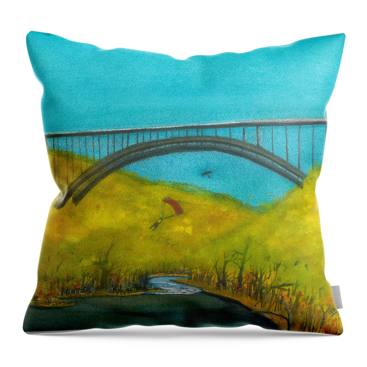 New River Gorge Throw Pillow featuring the painting New River Gorge Bridge on Bridge Day by David Bartsch