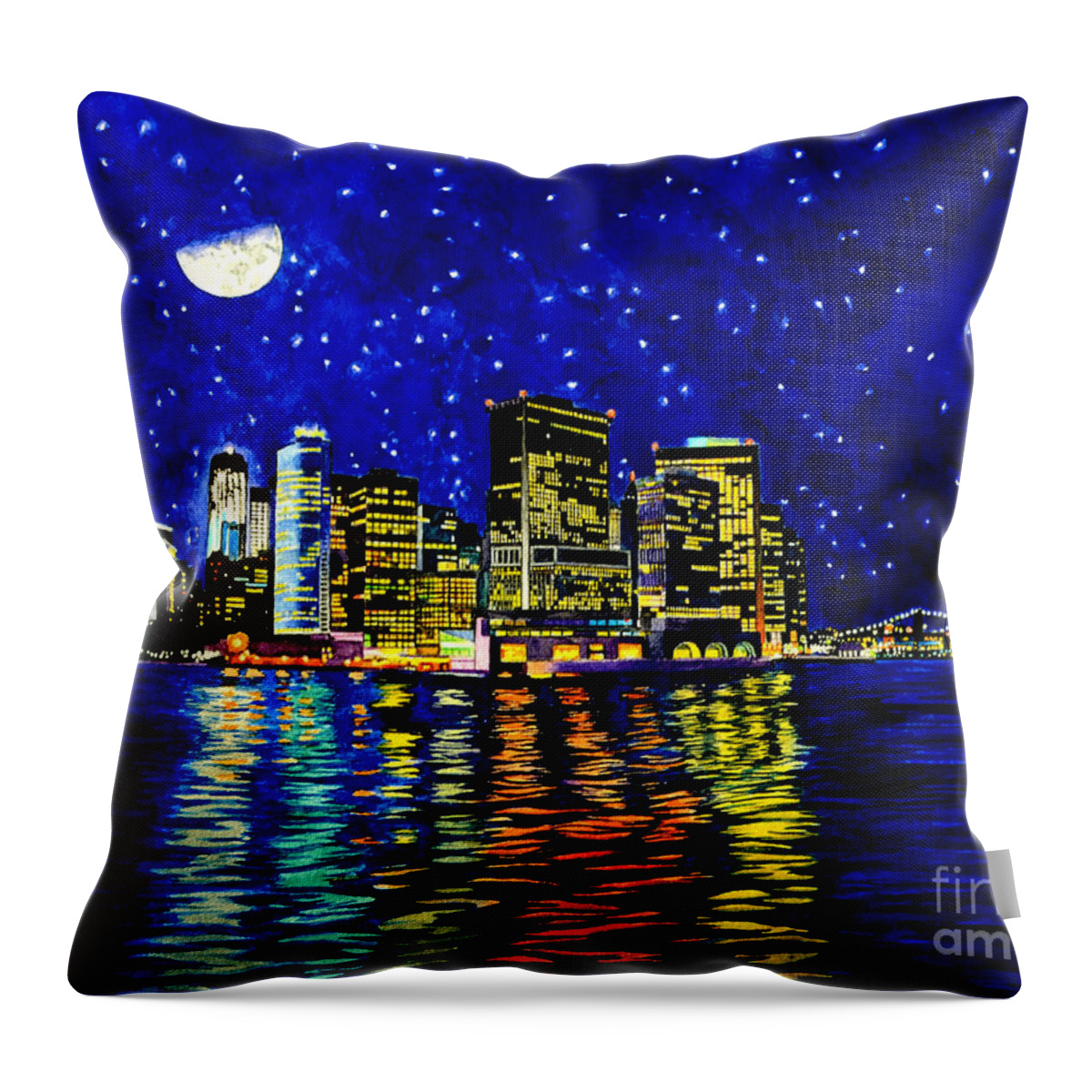 New York City Throw Pillow featuring the painting New York City Lower Manhattan by Christopher Shellhammer