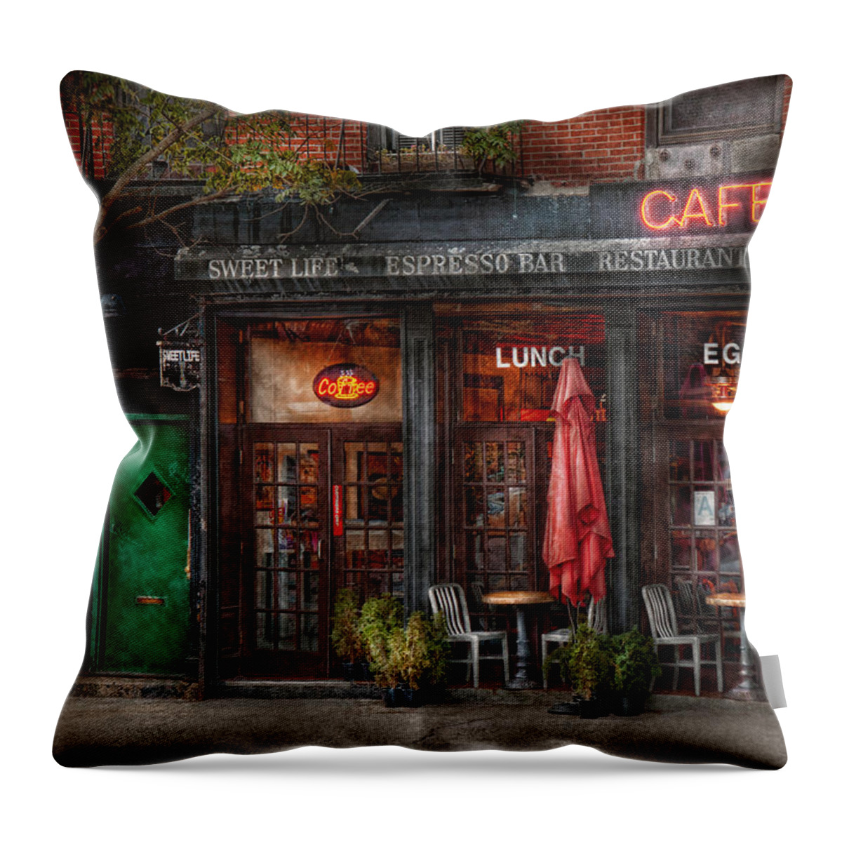 York Throw Pillow featuring the photograph New York - Store - Greenwich Village - Sweet Life Cafe by Mike Savad