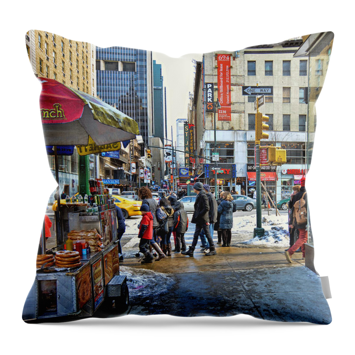 'theater District Throw Pillow featuring the photograph New York Winter Street Scene by Jeffrey Friedkin