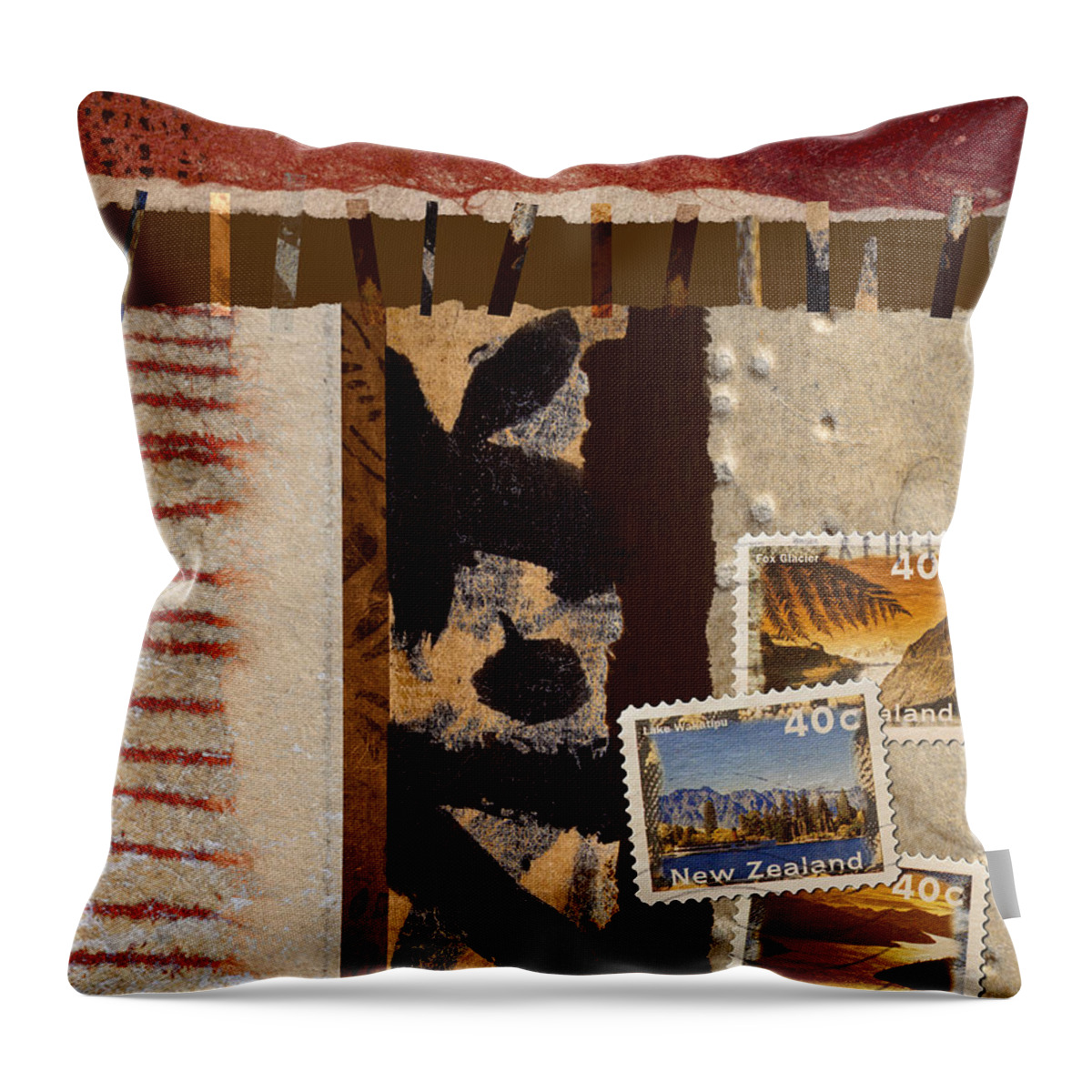 Postage Throw Pillow featuring the mixed media New Zealand by Carol Leigh