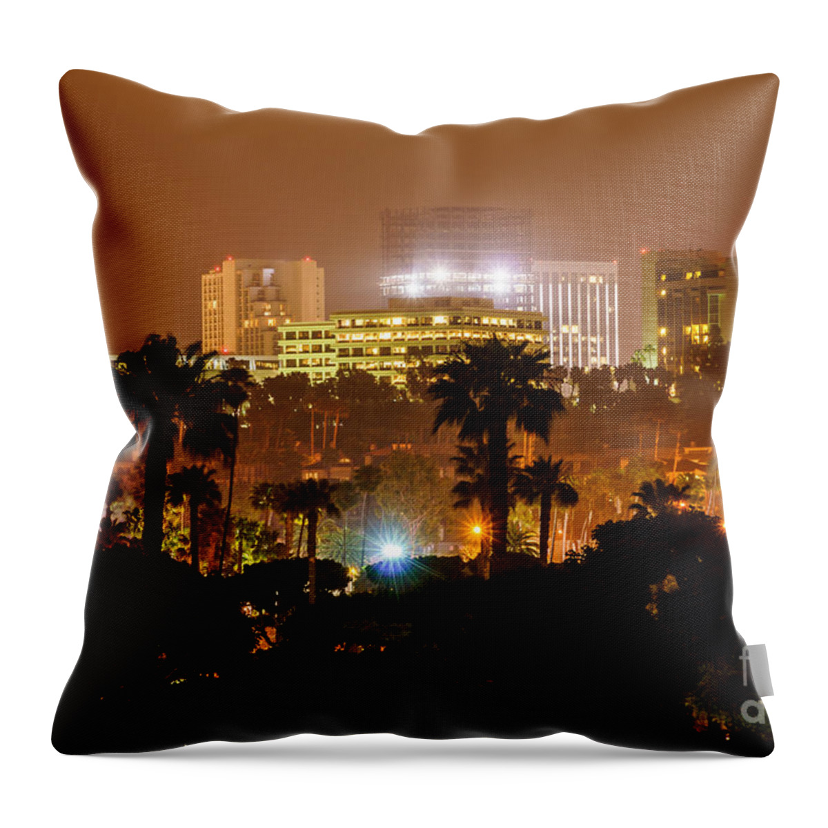 America Throw Pillow featuring the photograph Newport Beach Skyline at Night by Paul Velgos