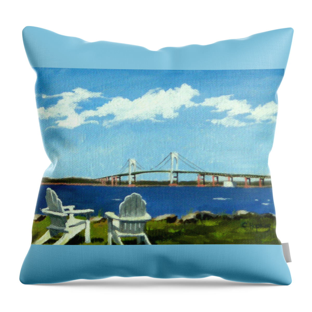 Christine Hopkins Throw Pillow featuring the painting Newport Bridge Newport Rhode Island by Christine Hopkins