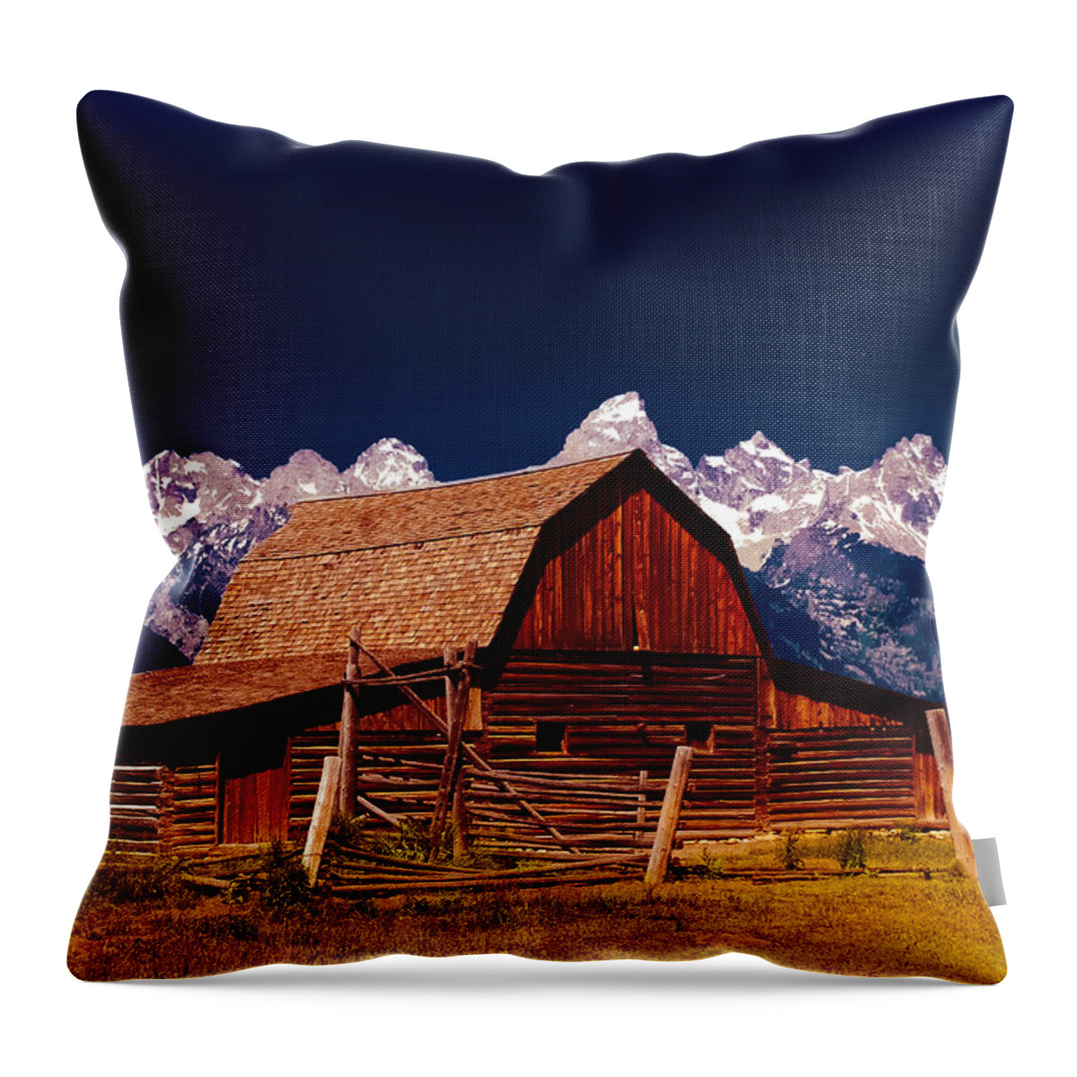Grand Teton Throw Pillow featuring the photograph Night Colors Over the Moulton Barn by Dany Lison