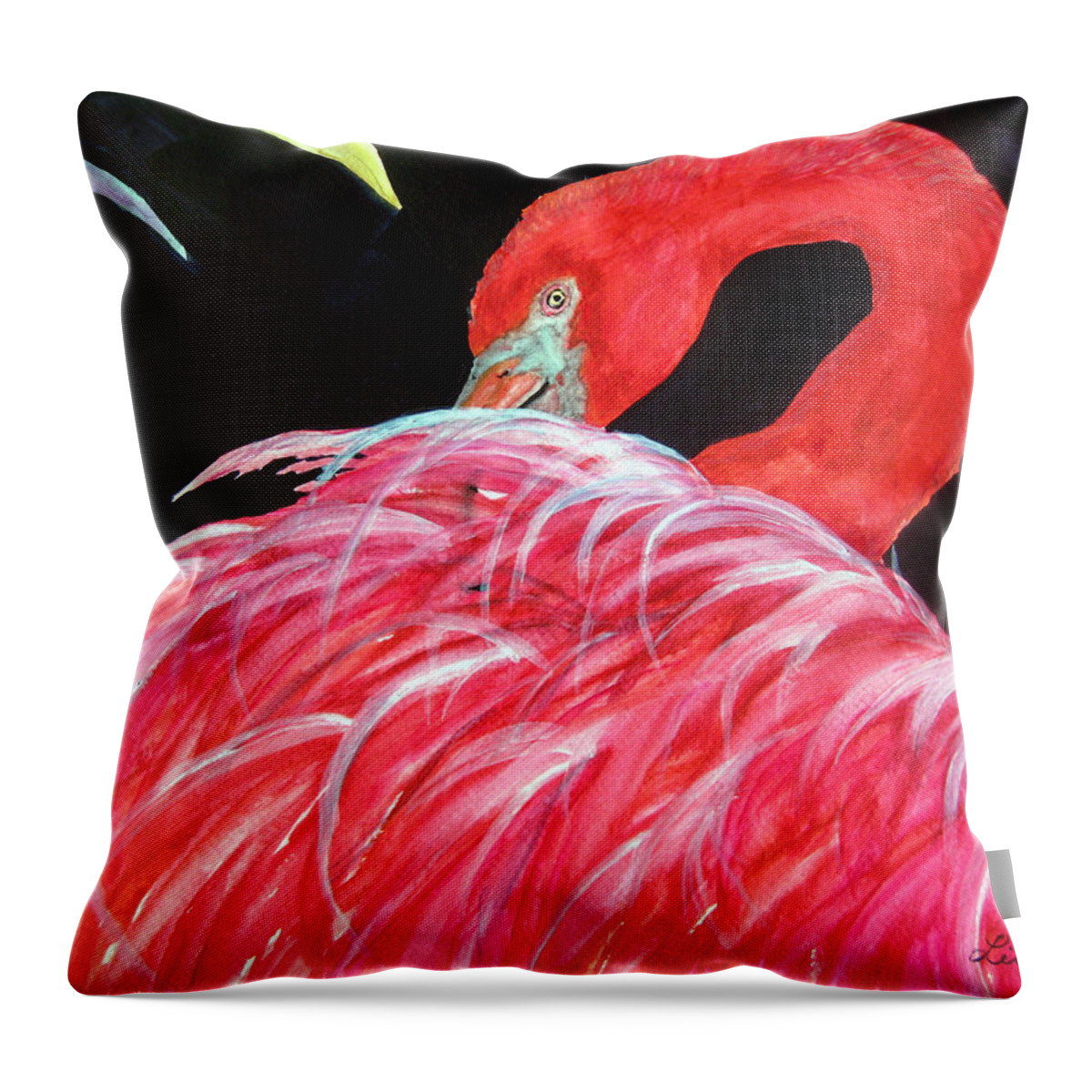 Pink Throw Pillow featuring the painting Night Flamingo by Lil Taylor