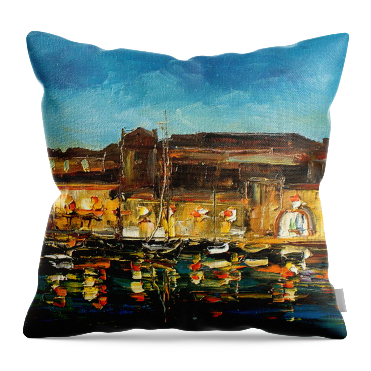 Dubrovnik Throw Pillow featuring the painting Night in Dubrovnik harbour by Luke Karcz
