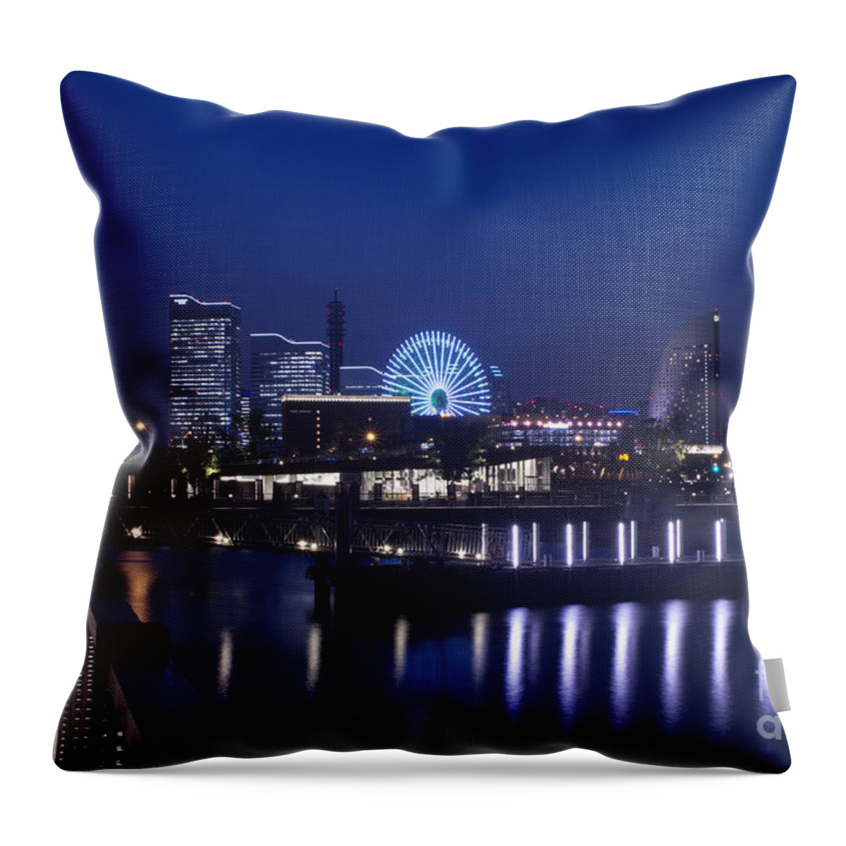 Japan Throw Pillow featuring the photograph Night Scene in Blue of Minatomirai in Yokohama by Beverly Claire Kaiya