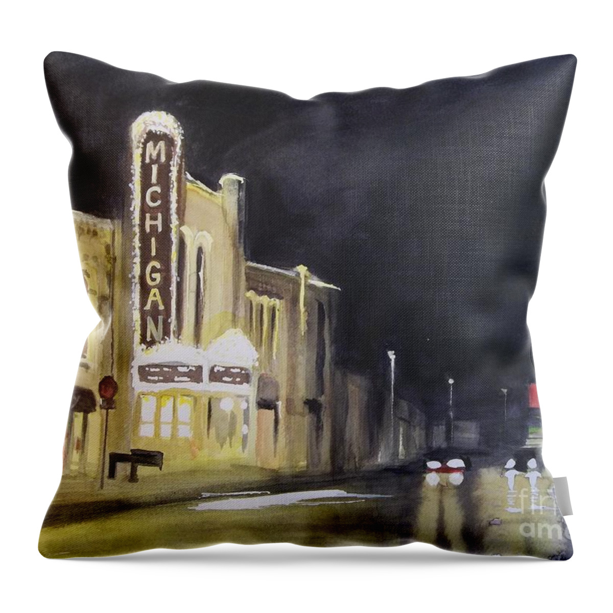 Town Throw Pillow featuring the painting Night Time at Michigan Theater - Ann Arbor MI by Yoshiko Mishina