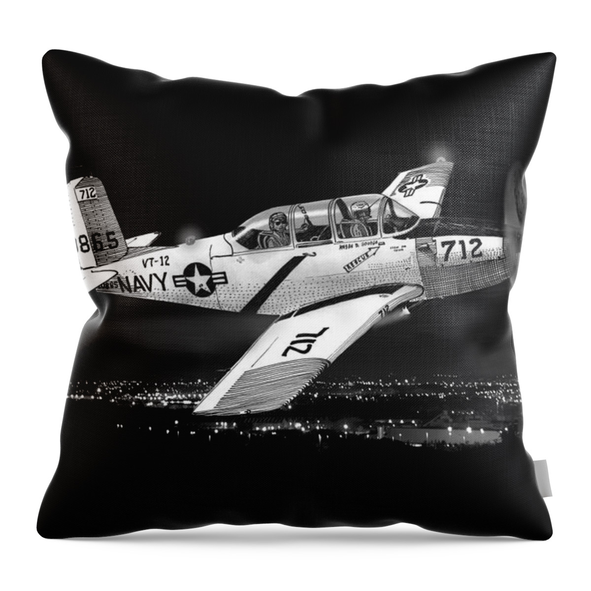 The 1951 Beechcraft T-34 Mentor Is A Propeller Throw Pillow featuring the painting Night Vision Beechcraft T-34 Mentor Military Training Airplane by Jack Pumphrey