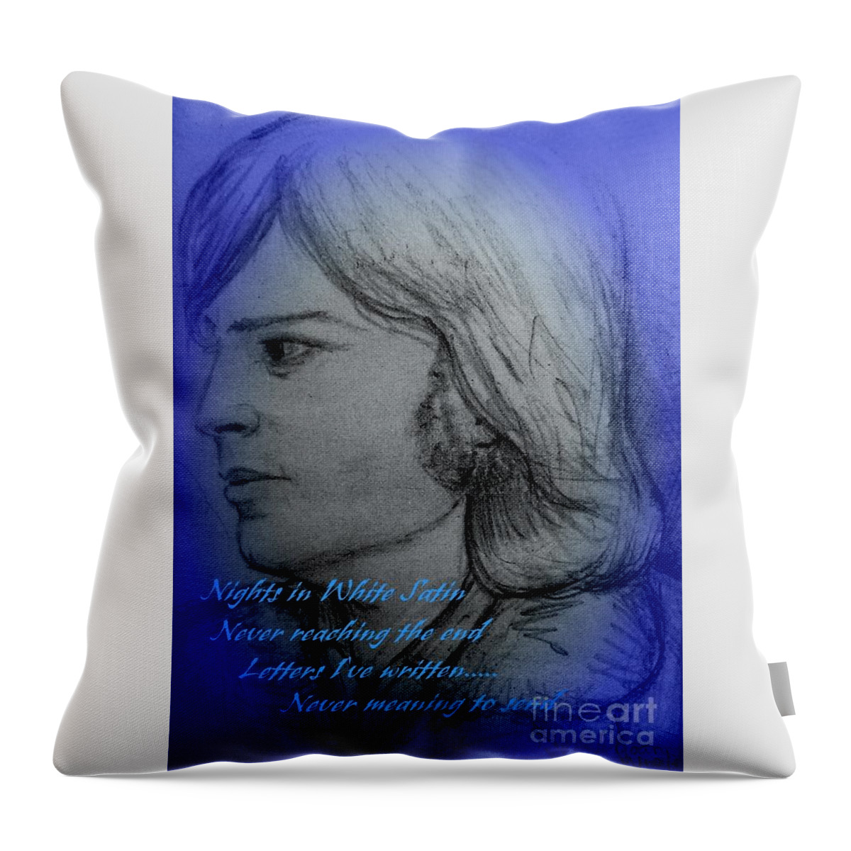 Portrait Throw Pillow featuring the drawing Nights in White Satin by Joan-Violet Stretch