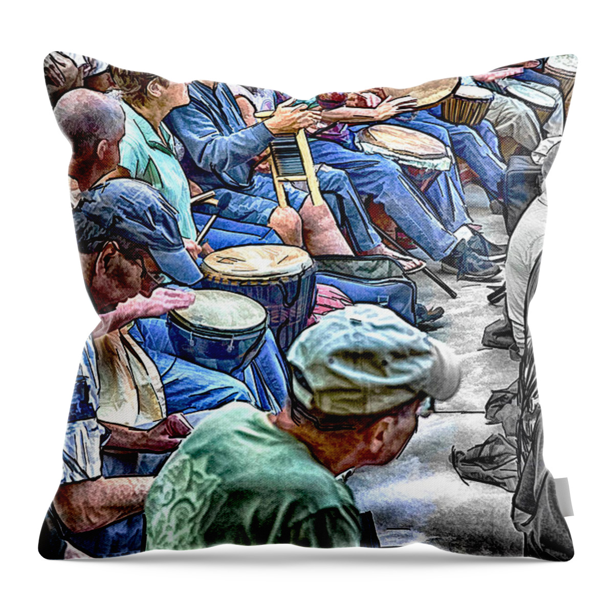 Drum Circle Throw Pillow featuring the mixed media Nitty Gritty Drum Circle by John Haldane
