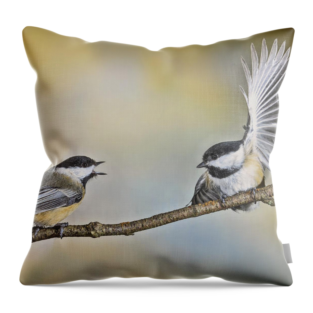 Chickadee Throw Pillow featuring the photograph No Questions Until the End Please by Peg Runyan