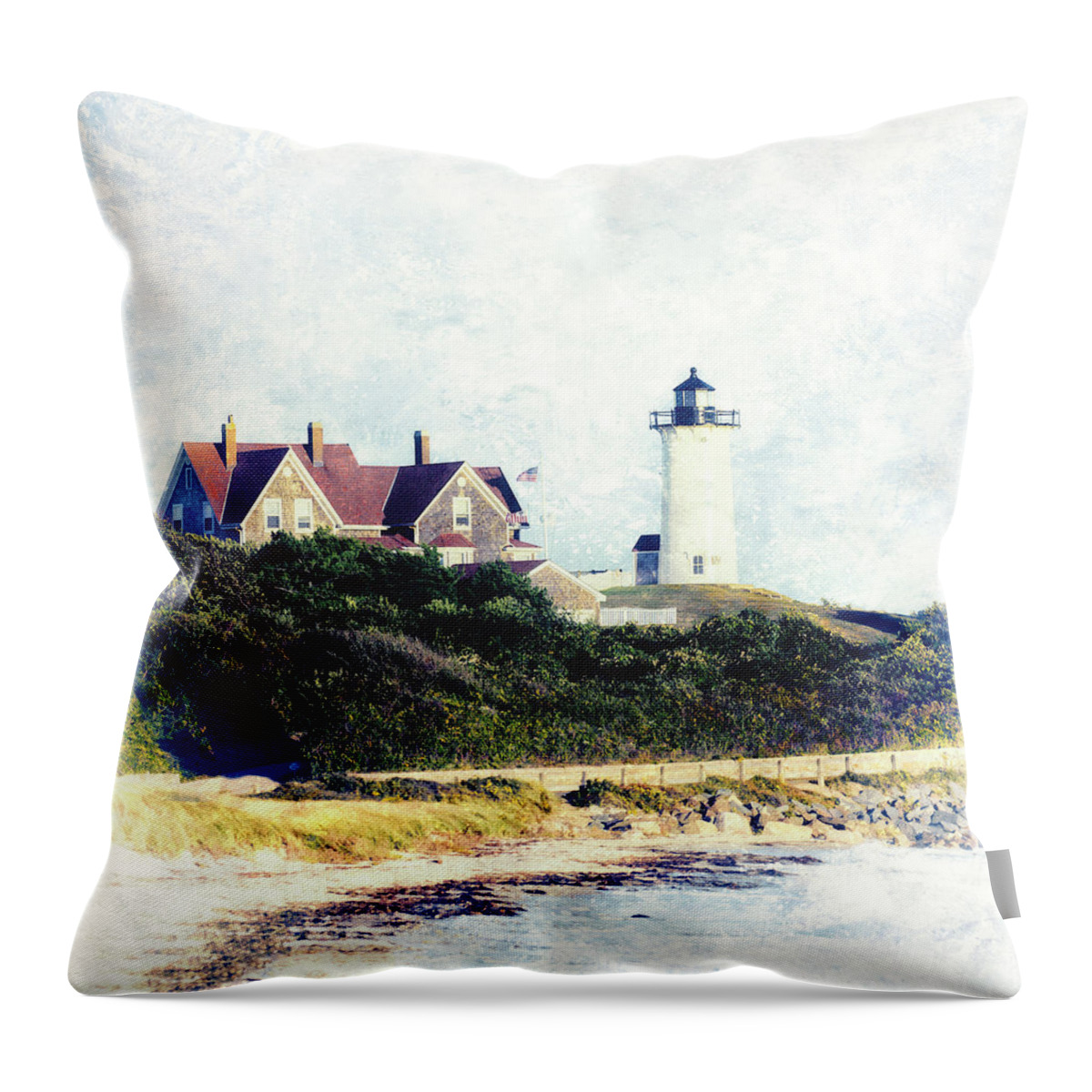 Nobska Lighthouse Throw Pillow featuring the mixed media Nobska Lighthouse Cape Cod Massachusetts retro style by Marianne Campolongo