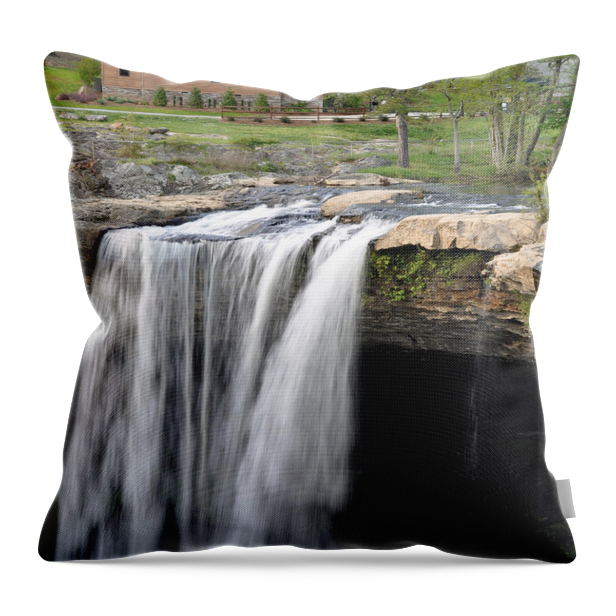 Alabama Throw Pillow featuring the photograph Noccalula Falls with Chapel in Gadsden Alabama by Bruce Gourley
