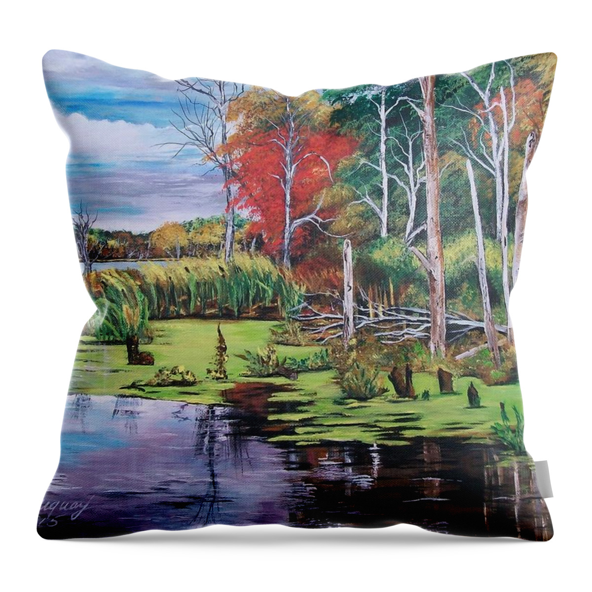 Sedge Throw Pillow featuring the painting Norman Lake by Sharon Duguay