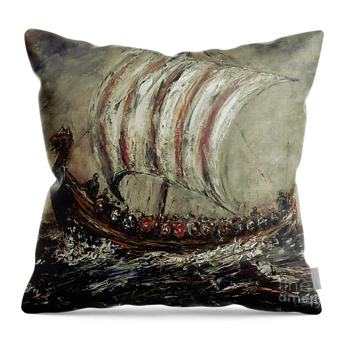 Viking Throw Pillow featuring the painting Norse Explorers by Arturas Slapsys