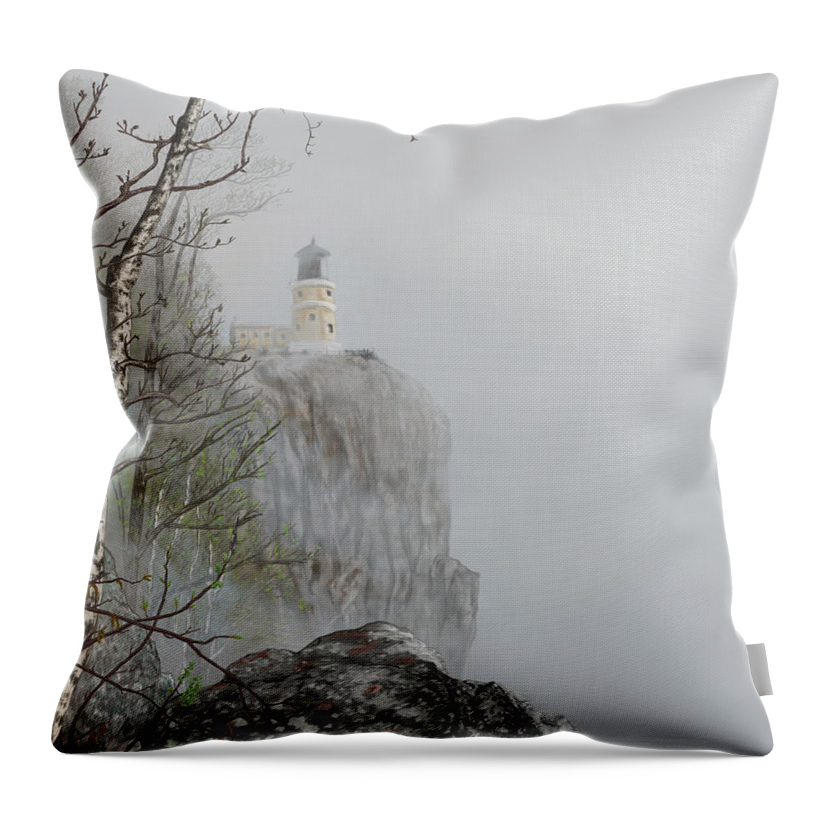 North Shore Lighthouse In The Fog Throw Pillow featuring the digital art North Shore Lighthouse in the Fog by Troy Stapek