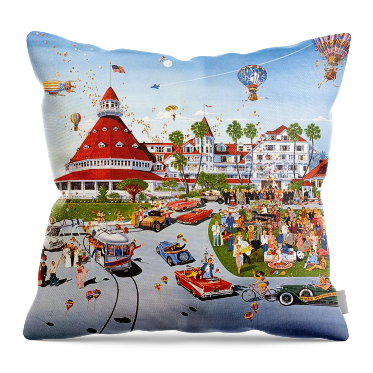Hotel Del Coronado Throw Pillow featuring the painting Hotel Del Coronado Nostalgia by John YATO