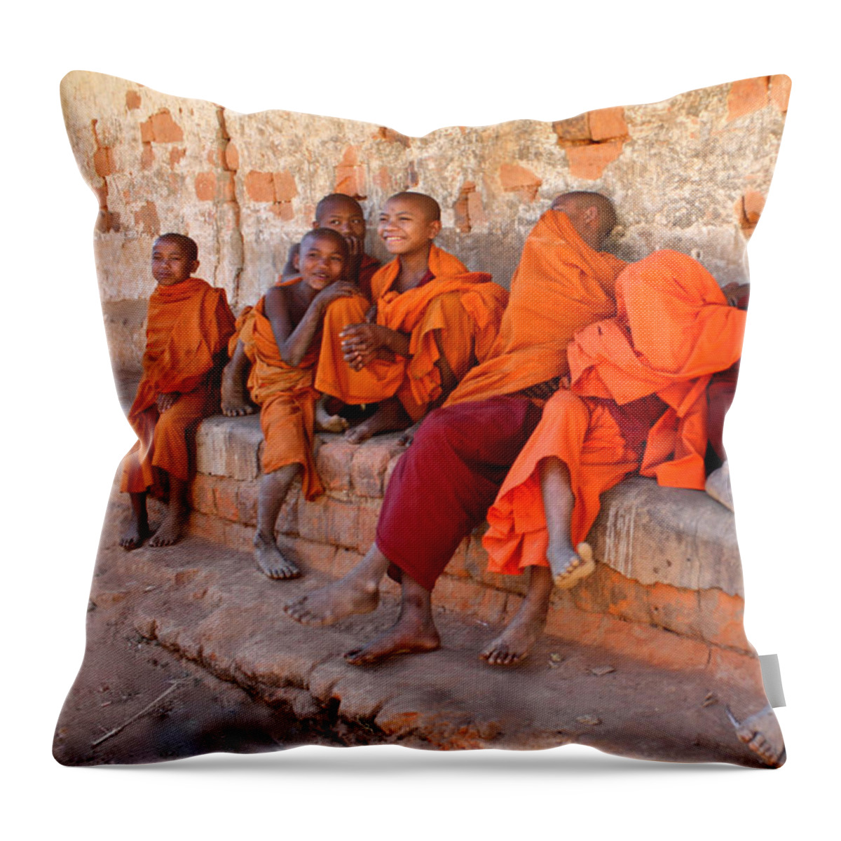 śrāmaṇera Throw Pillow featuring the photograph Novice Buddhist Monks by Venetia Featherstone-Witty