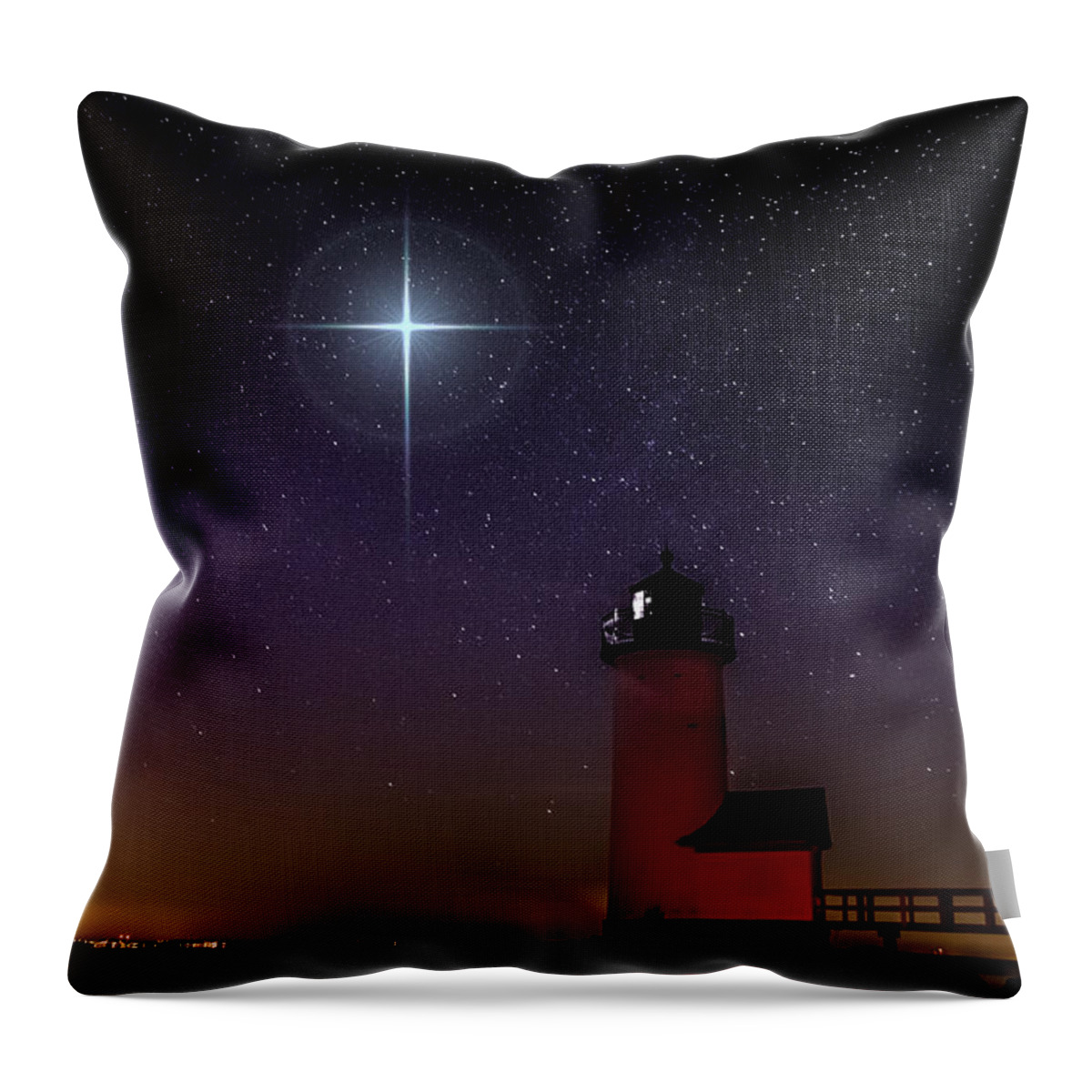 Annisquam Lighthouse Throw Pillow featuring the photograph Star over Annisquam lighthouse by Jeff Folger