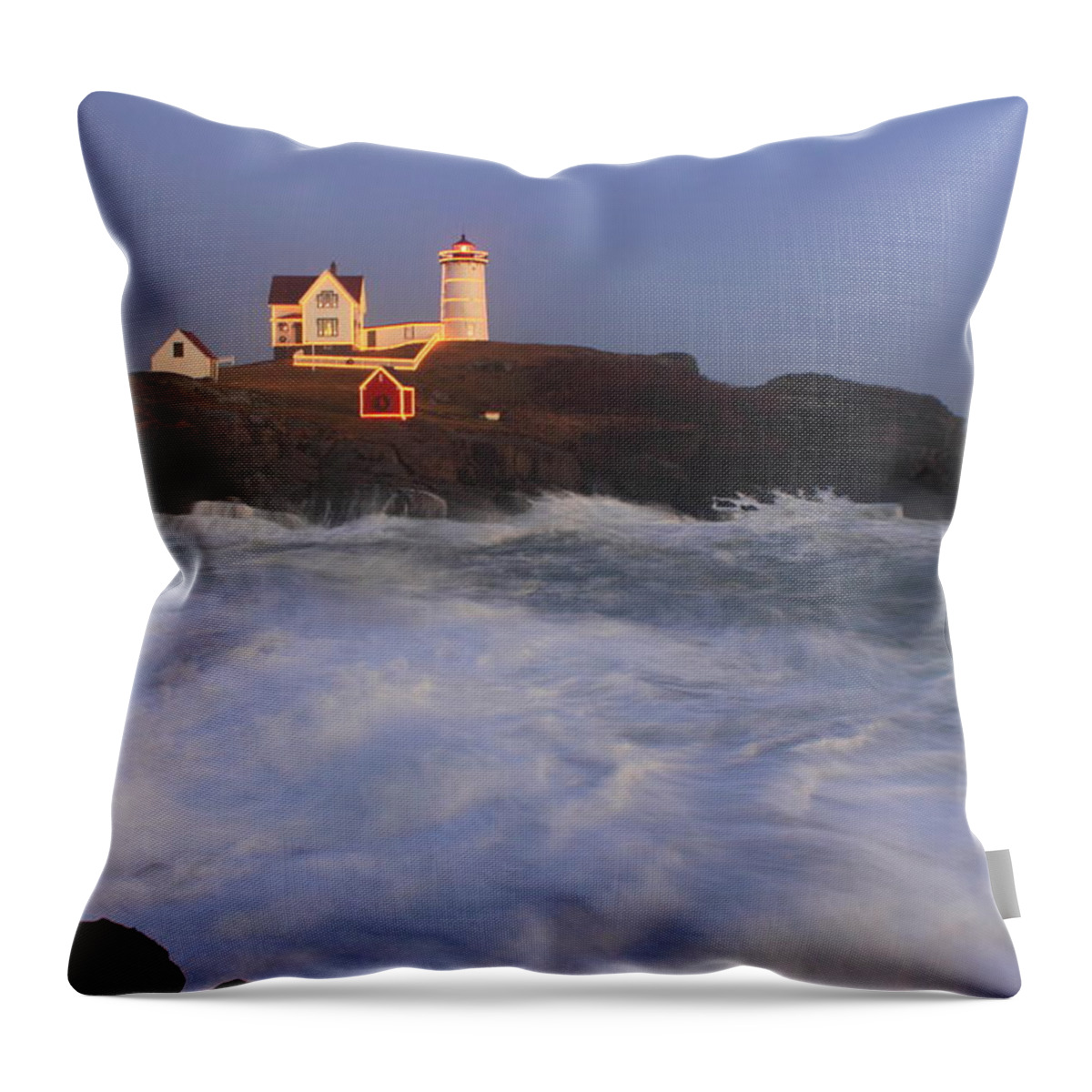 Maine Throw Pillow featuring the photograph Nubble Lighthouse Holiday Lights and High Surf by John Burk