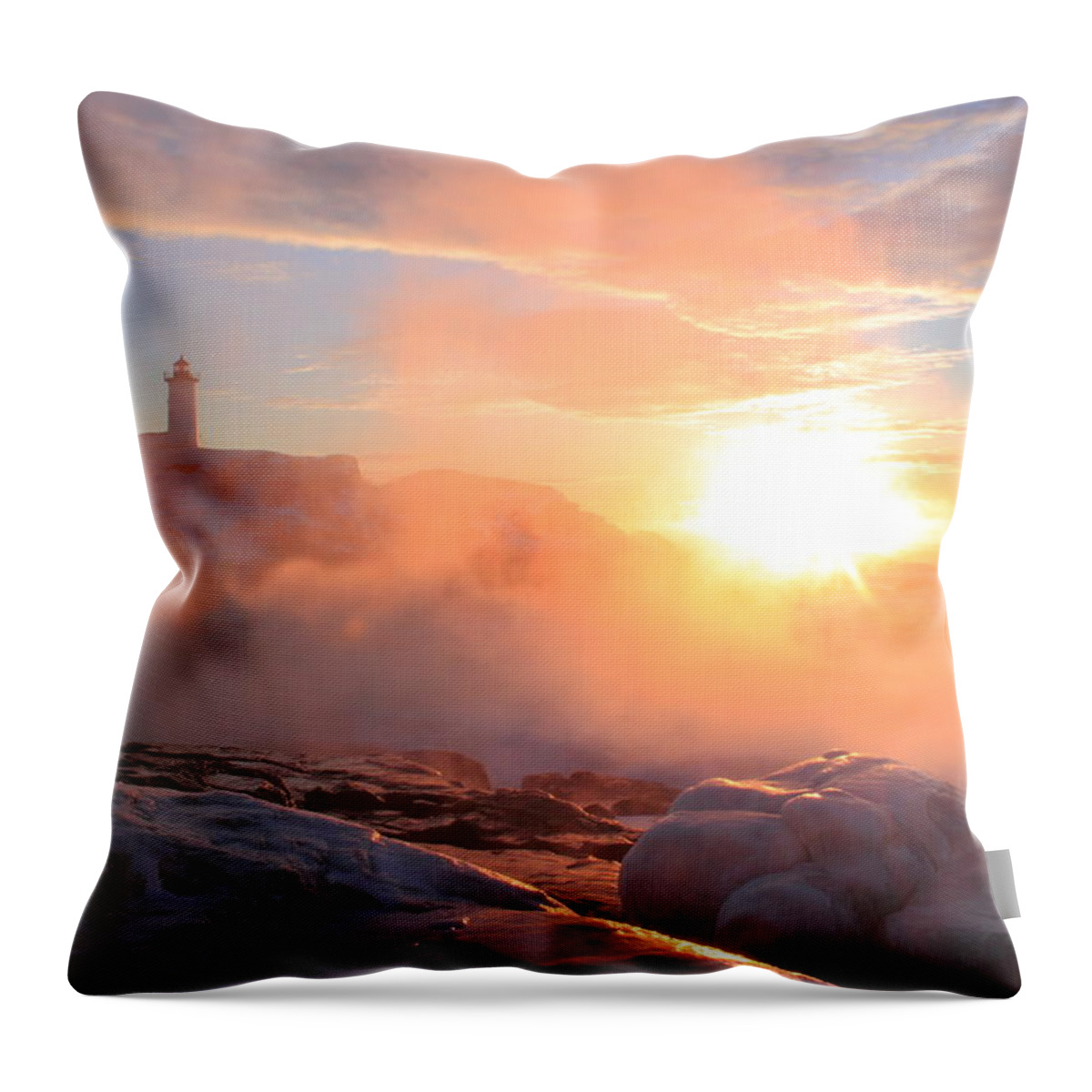 Sea Smoke Throw Pillow featuring the photograph Nubble Lighthouse Sea Smoke Sunrise Fog by John Burk