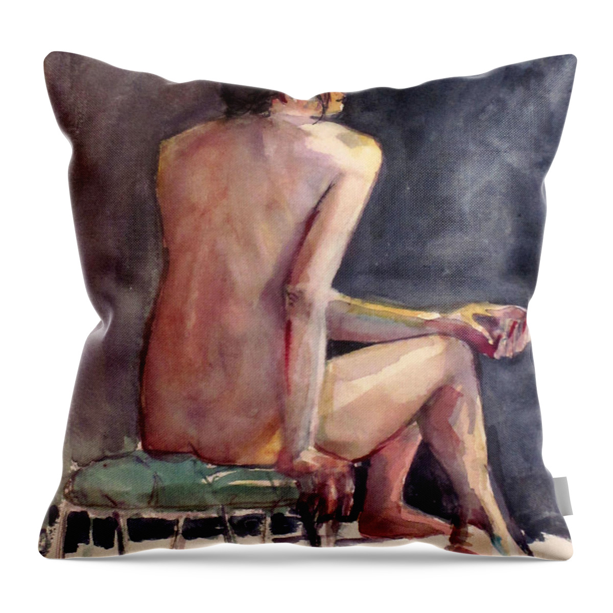 Watercolor Female Nude Throw Pillow featuring the painting Nude on a Wire Stool by Mark Lunde