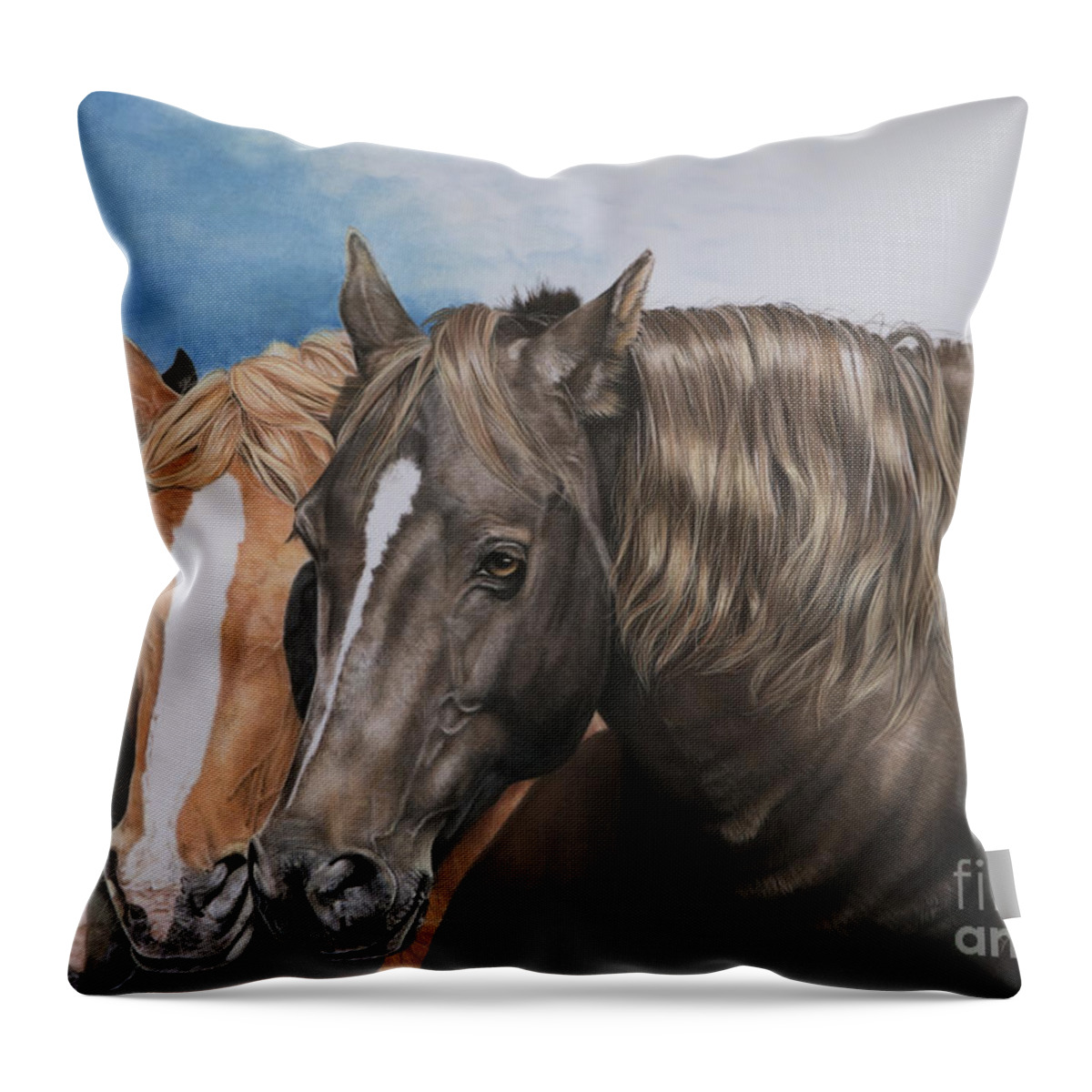 Horses Sleeping Throw Pillow featuring the pastel Nuzzle to Nuzzle by Joni Beinborn