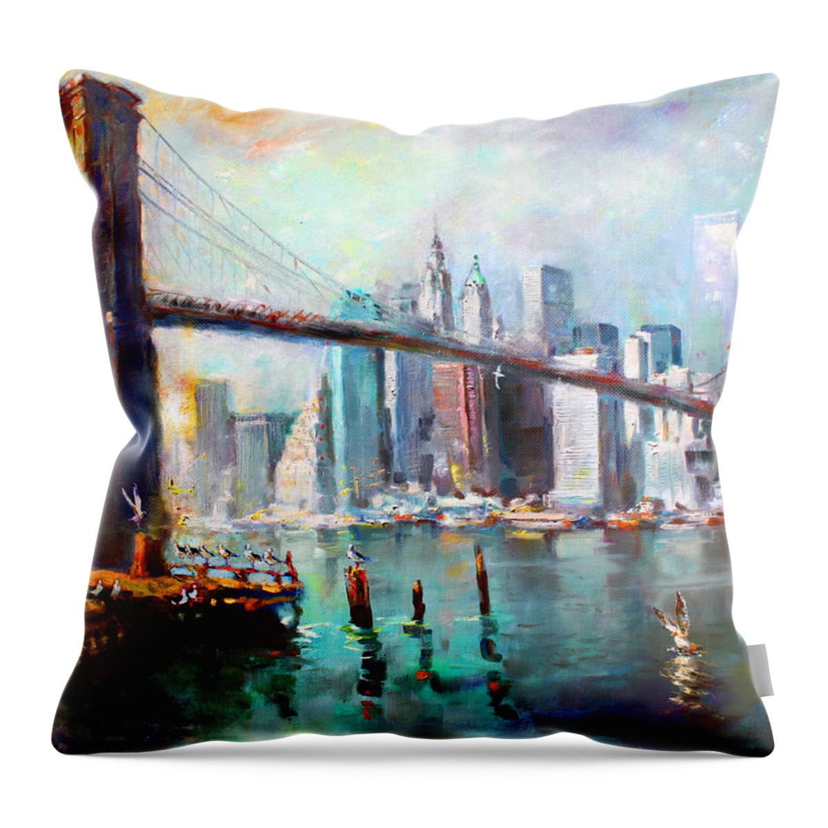 Nyc Throw Pillow featuring the painting NY City Brooklyn Bridge II by Ylli Haruni