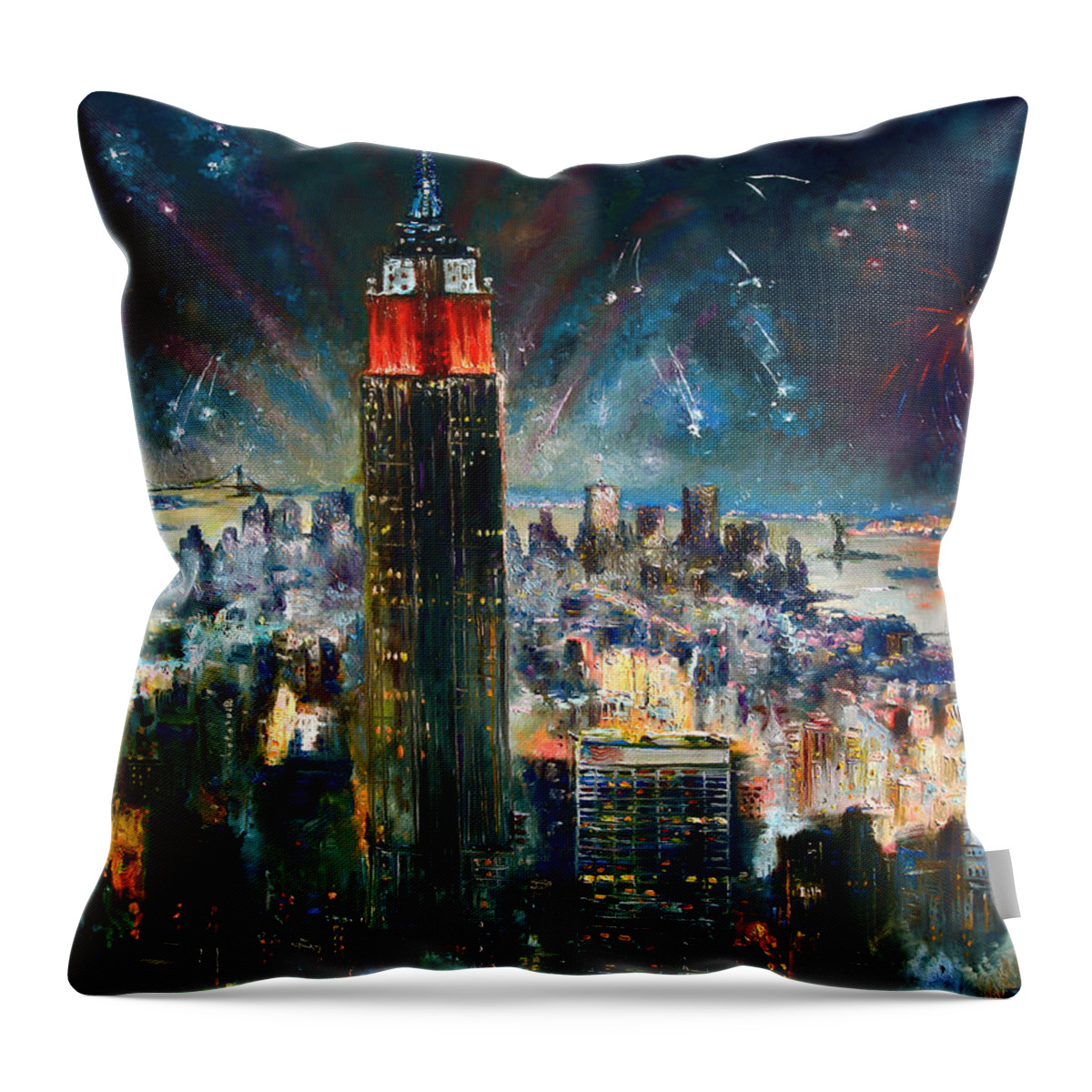 Nyc Throw Pillow featuring the painting NYC in Fourth of July Independence Day by Ylli Haruni