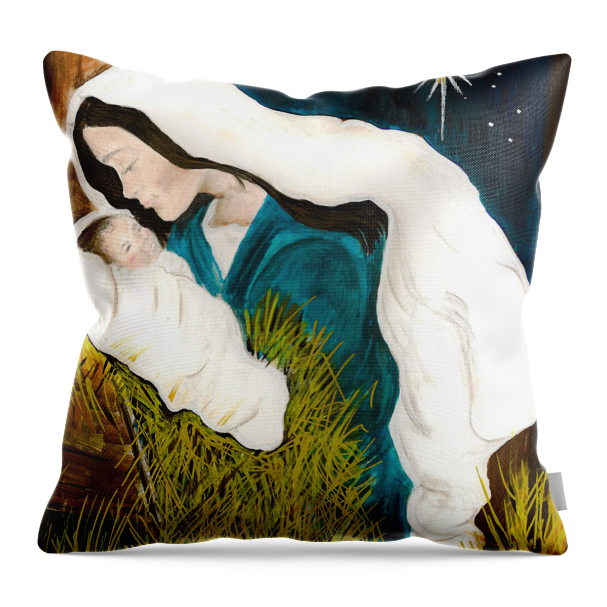 Mary And Baby Jesus Throw Pillow featuring the painting Mary and Baby -O Holy Night -birth of Jesus by Jan Dappen