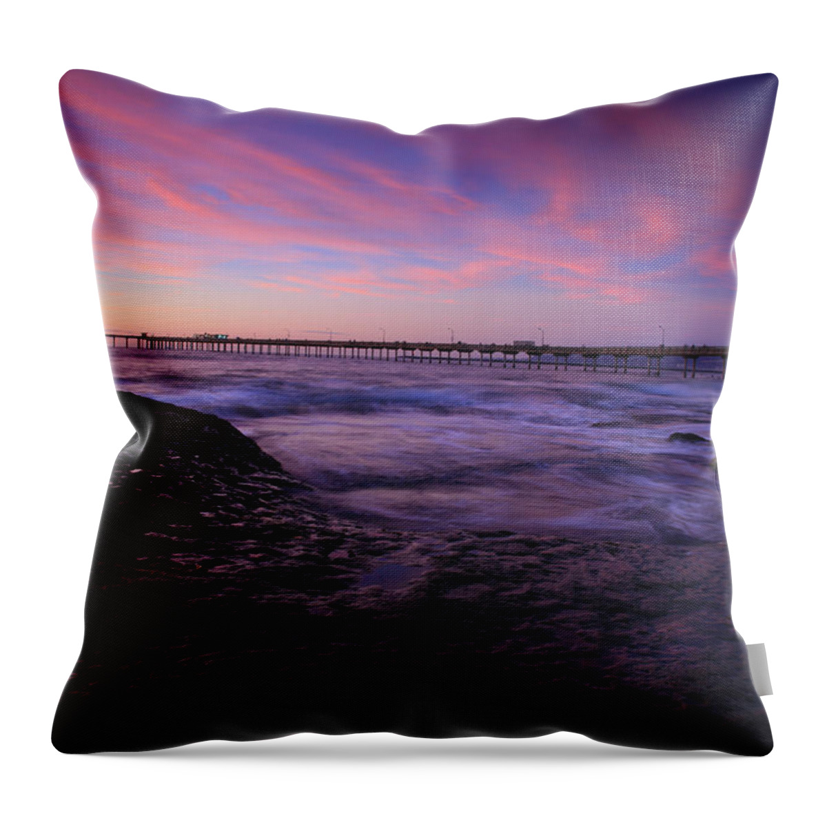 Landscape Throw Pillow featuring the photograph OB Pier Fall Sunset by Scott Cunningham