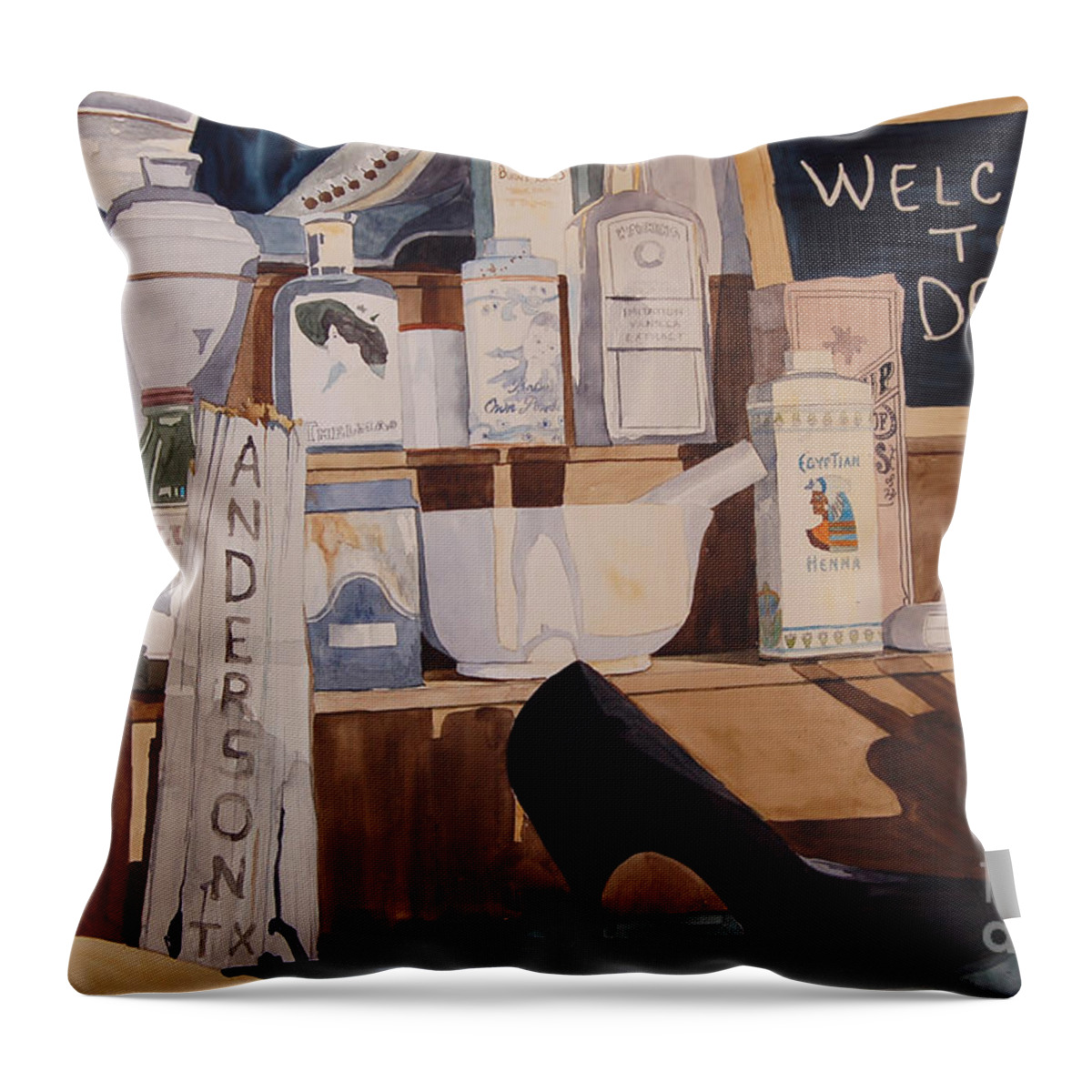 Oberkamp Throw Pillow featuring the painting Oberkamp Drugstore Window by Terry Holliday