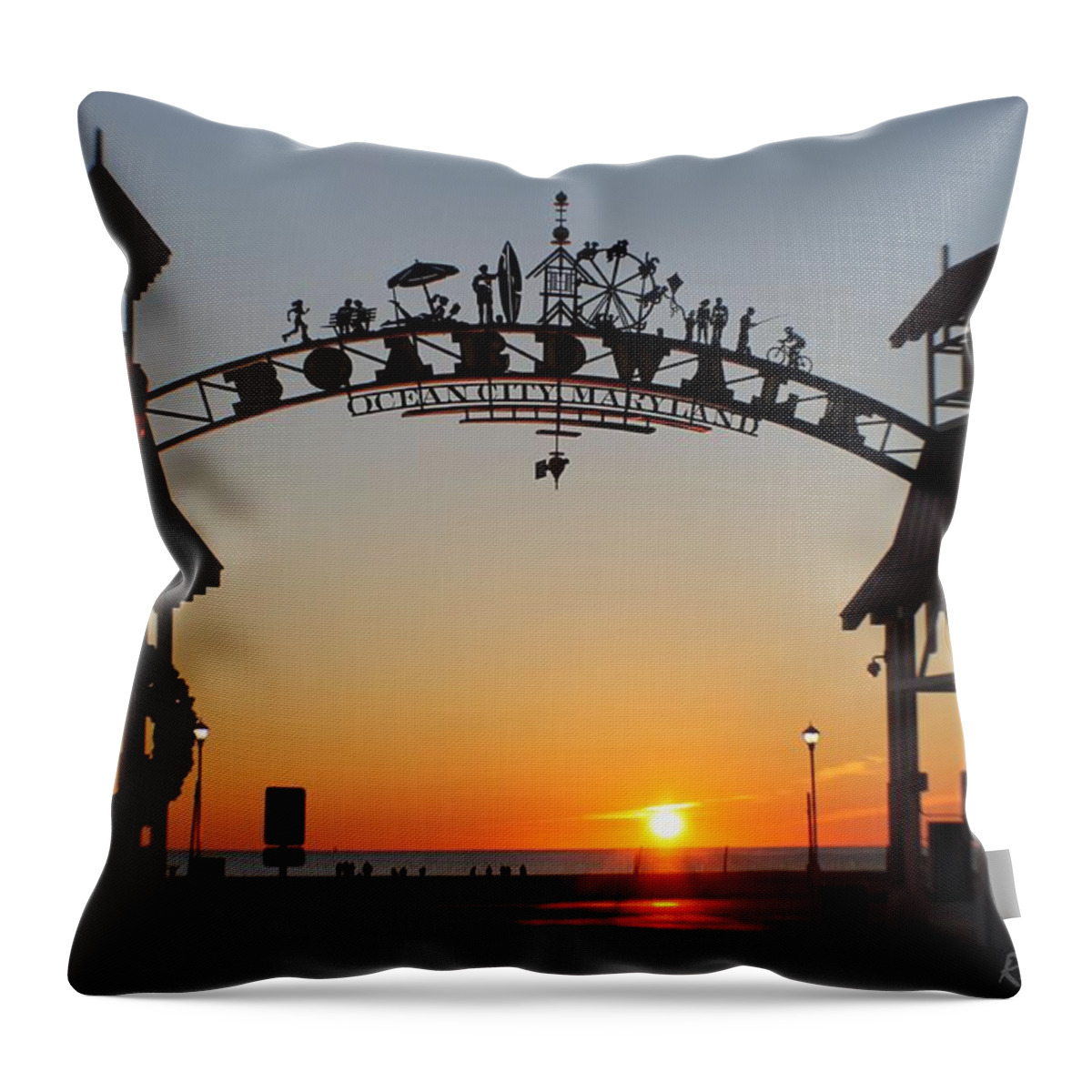 Sun Throw Pillow featuring the photograph Ocean City Boardwalk Arch New Year Sunrise by Robert Banach