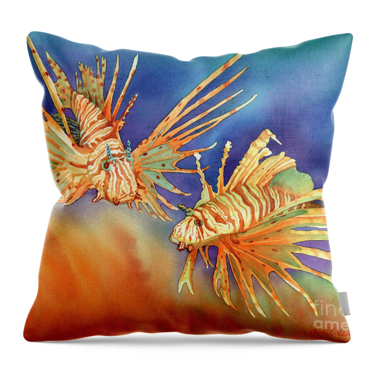 Lionfish Throw Pillow featuring the painting Ocean Lions by Tracy L Teeter 