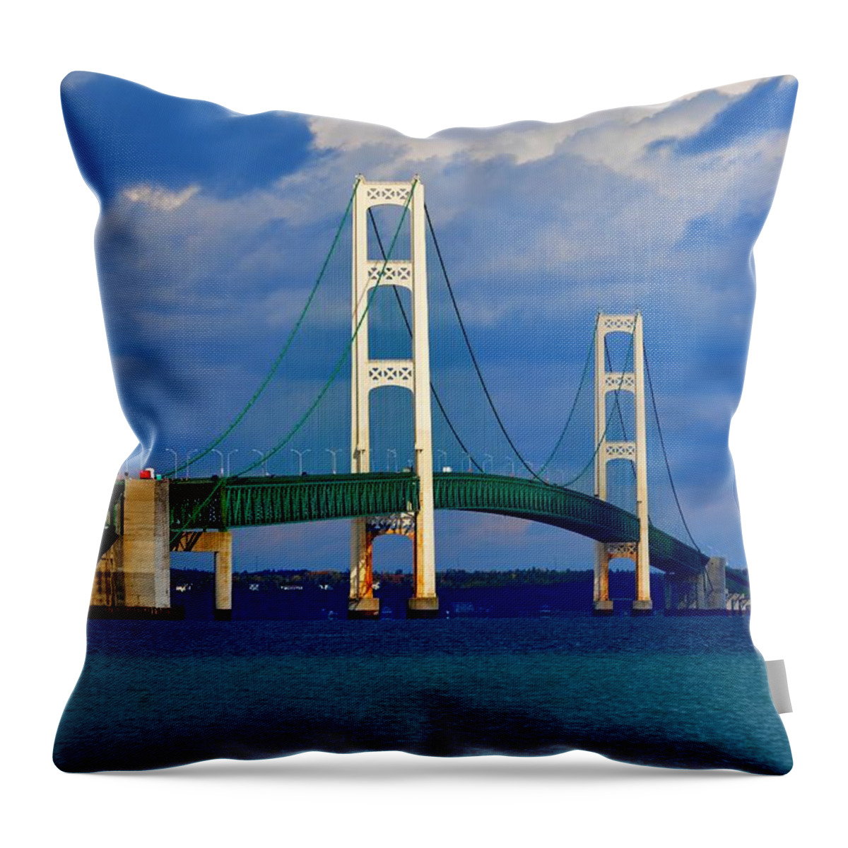 Michigan Throw Pillow featuring the photograph October Sky Mackinac Bridge by Keith Stokes