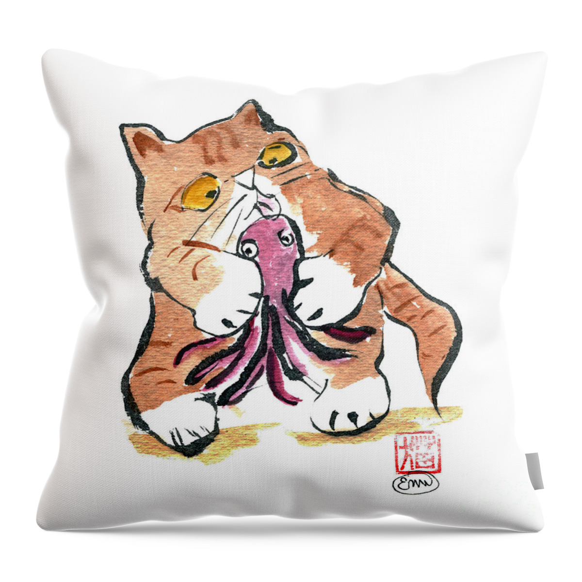 toy Octopus Throw Pillow featuring the painting Octopus Toy and Tiger Kitty by Ellen Miffitt