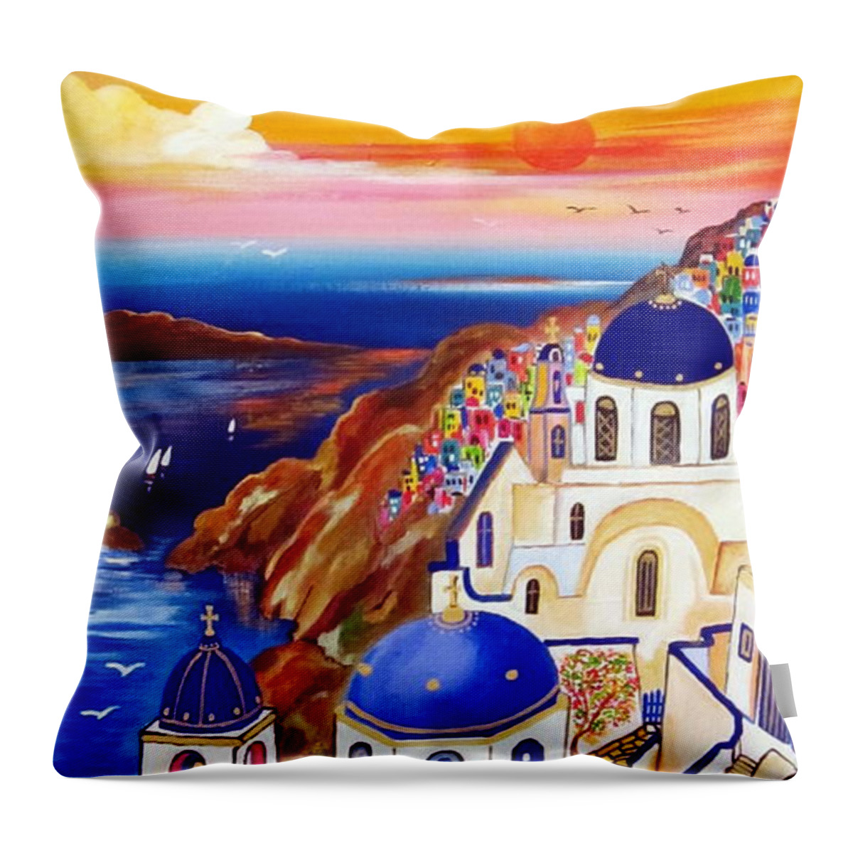 Santorini Throw Pillow featuring the painting Oia Santorini Greece by Roberto Gagliardi