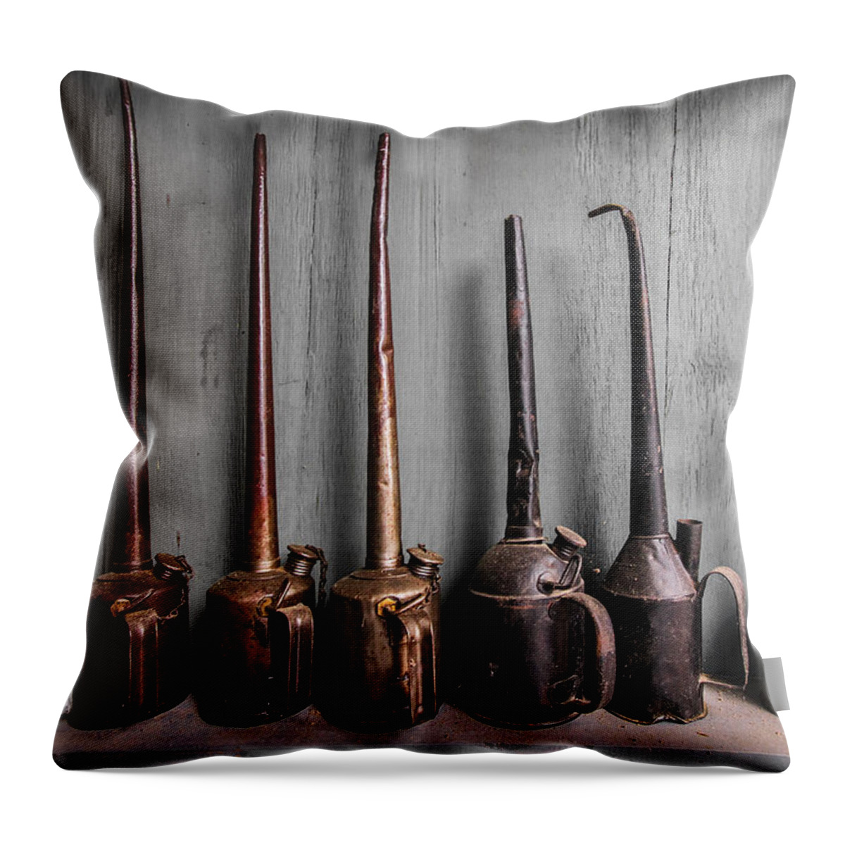 Appalachia Throw Pillow featuring the photograph Oil Can Collection by Debra and Dave Vanderlaan