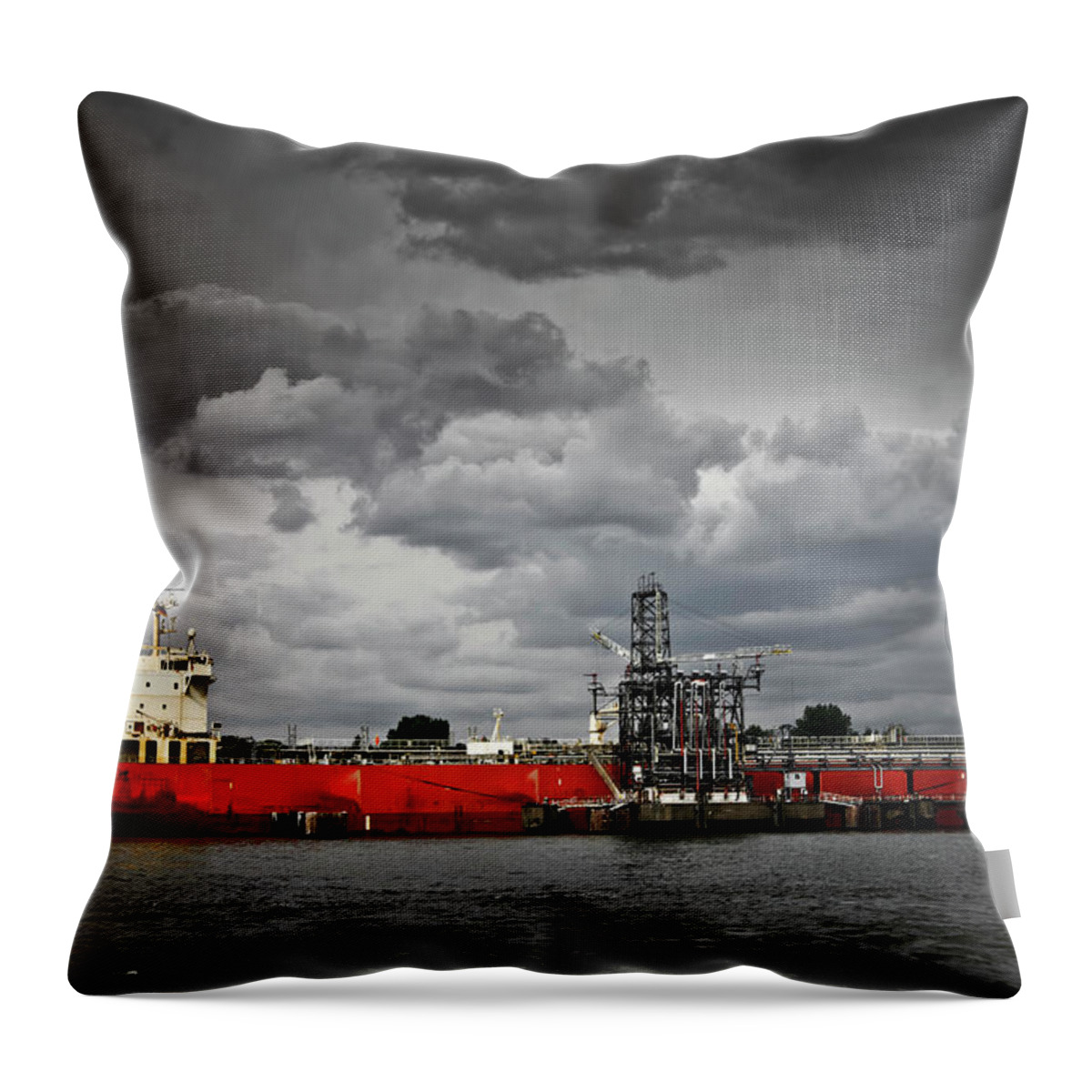 Trading Throw Pillow featuring the photograph Oil Tanker In A Port by Delectus