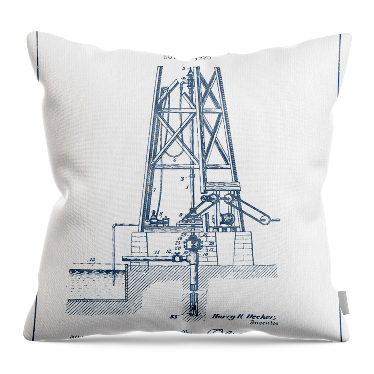Well Drilling Throw Pillow featuring the digital art Oil Well Drill Patent From 1903 - Blue Ink by Aged Pixel