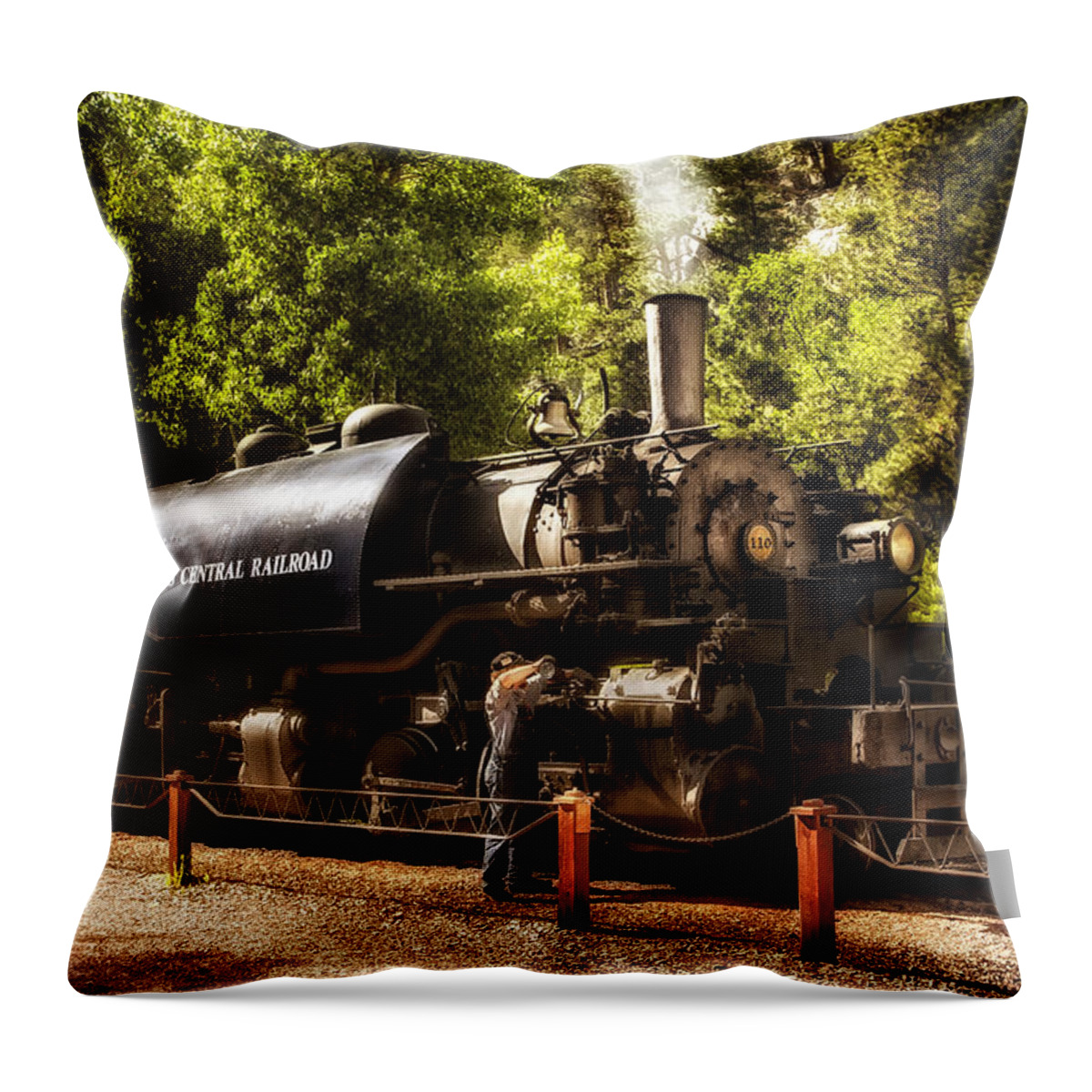 Black Hills Central Railroad Throw Pillow featuring the photograph Oiling the 110 by Mary Jo Allen