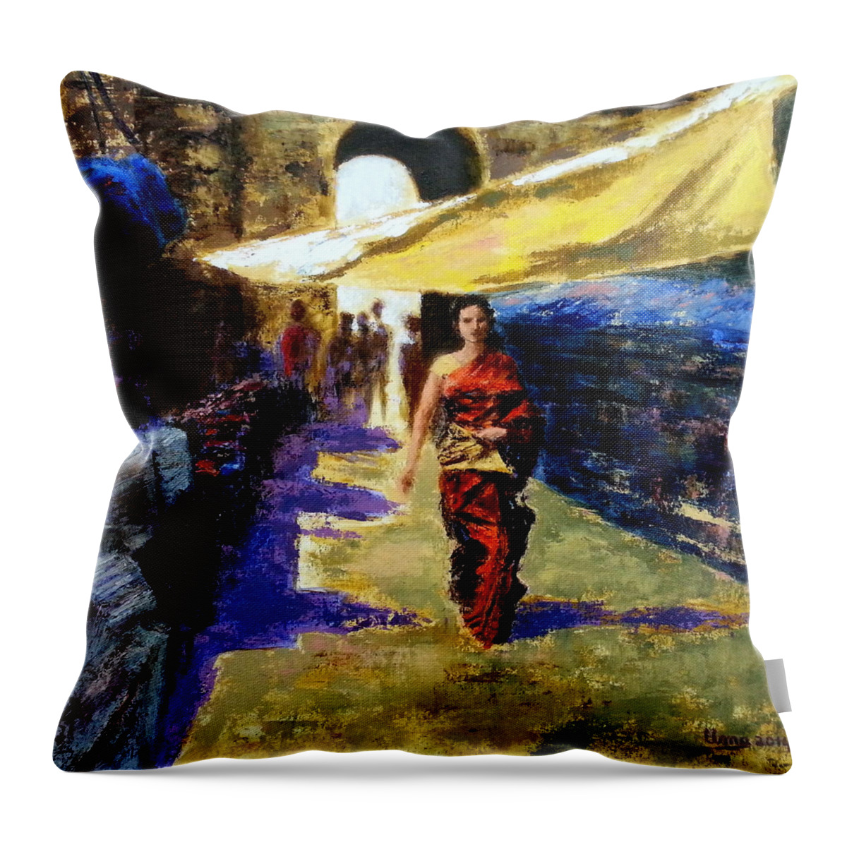 Old City Throw Pillow featuring the painting Old city Ahmedabad series 11 by Uma Krishnamoorthy