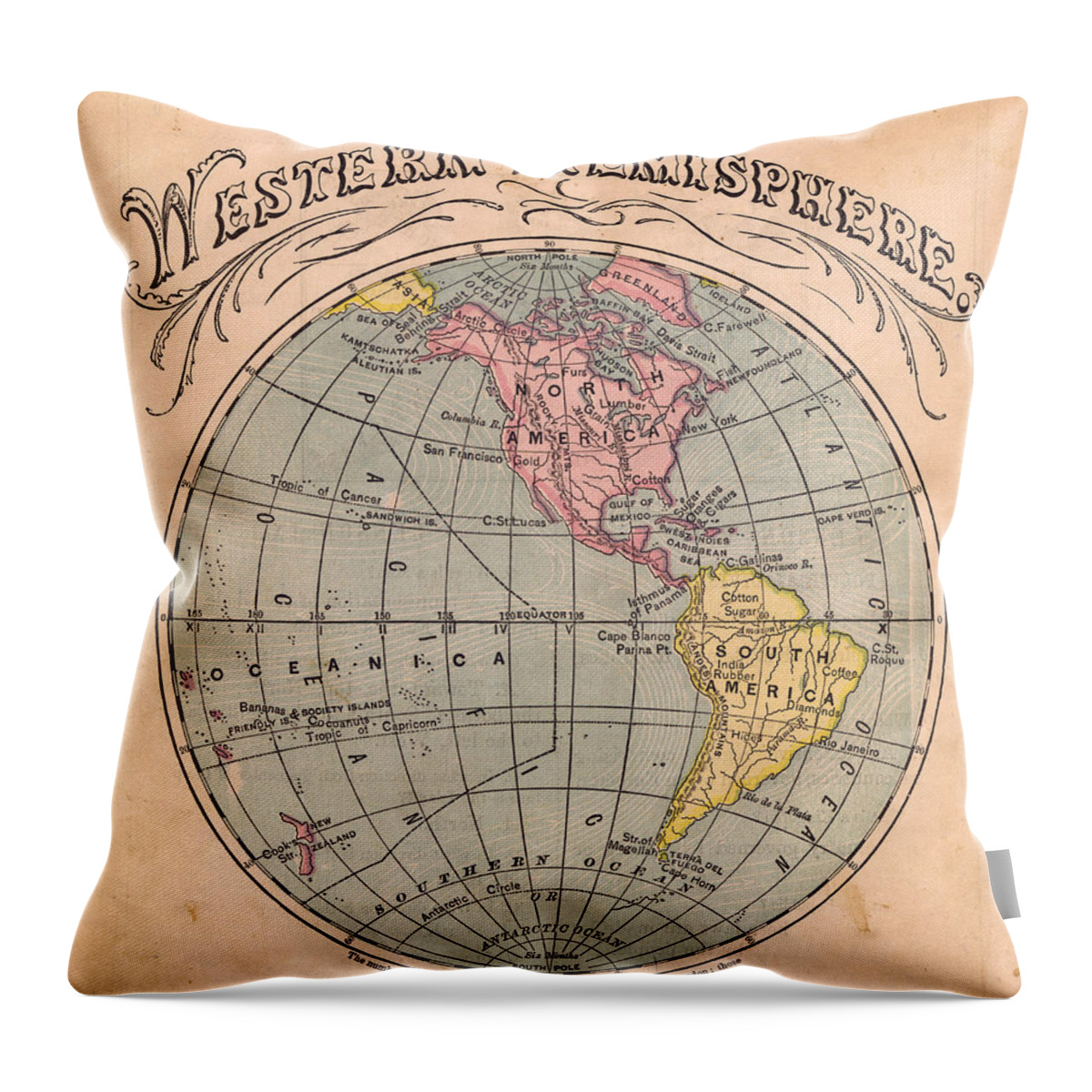 Equator Throw Pillow featuring the photograph Old Color Map Of The Western by Ideabug