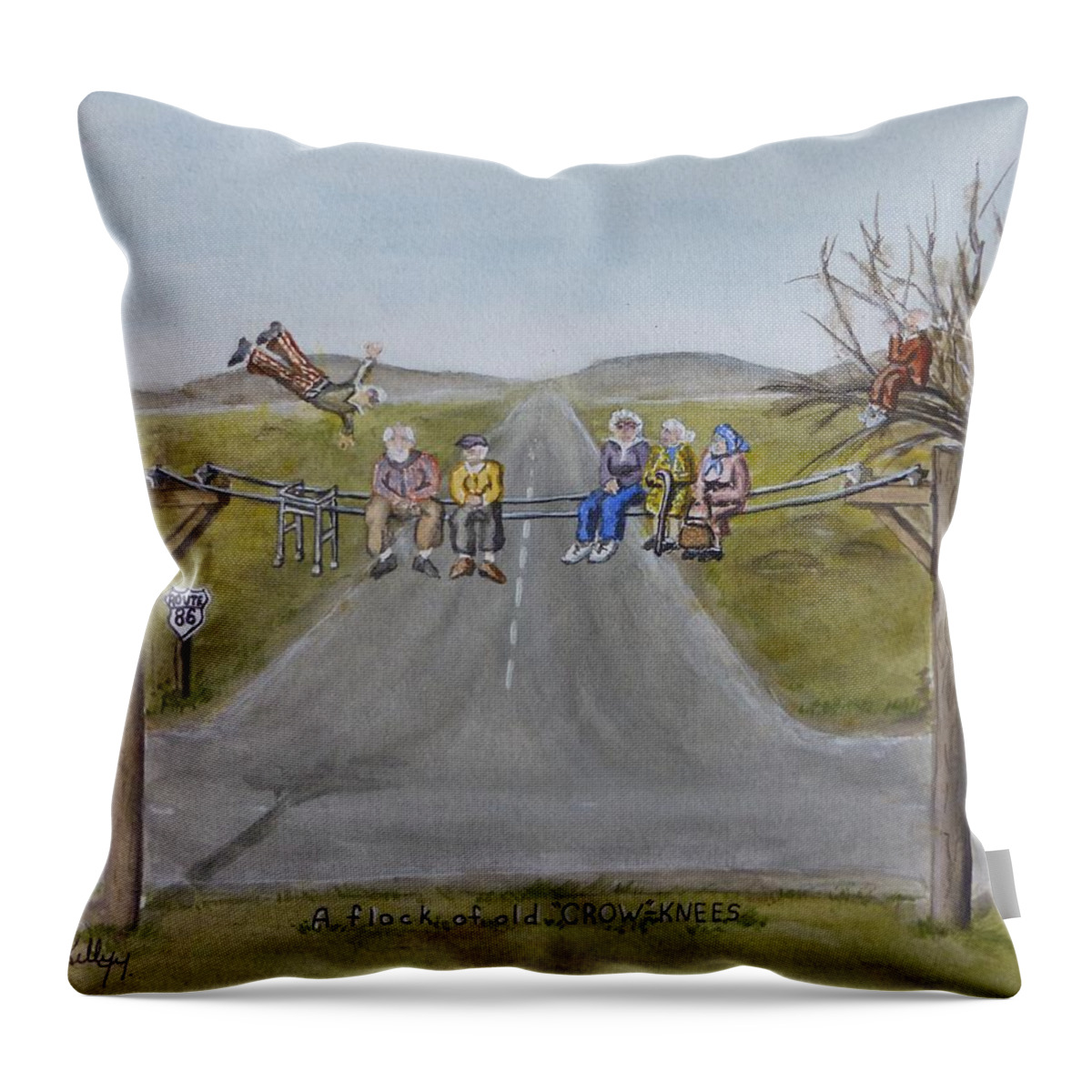 Crows Throw Pillow featuring the painting Old Crowknees fly South by Kelly Mills