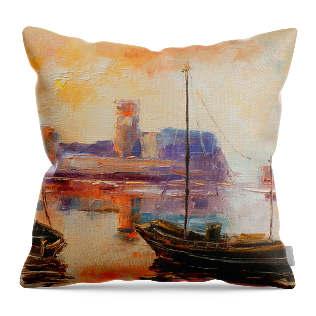 Dunbar Throw Pillow featuring the painting Old Dunbar harbour by Luke Karcz