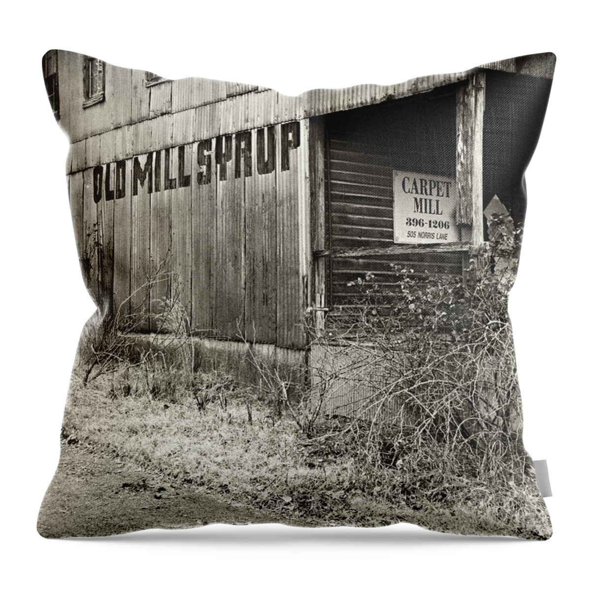 Vintage Throw Pillow featuring the photograph Old Mill Syrup by Eugene Campbell