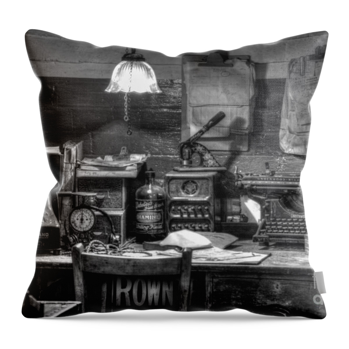 Clutter Throw Pillow featuring the photograph Old office in mono by Steev Stamford